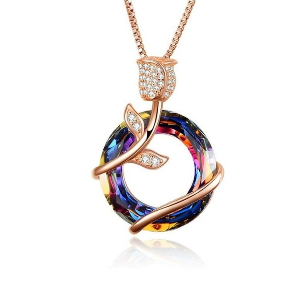 BRAND NEW ** Gold Rose Flower Rainbow Pendant Necklace
